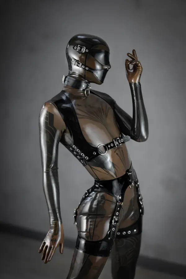 Full body fetish restraint gear 3-piece set worn over latex catsuit