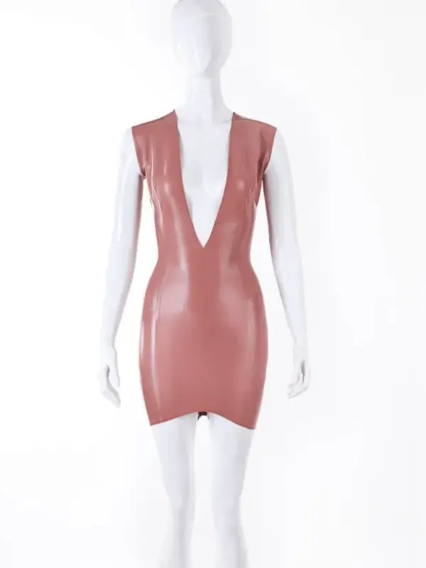 Deep V-Cut Latex Mini Dress with Rear Zipper