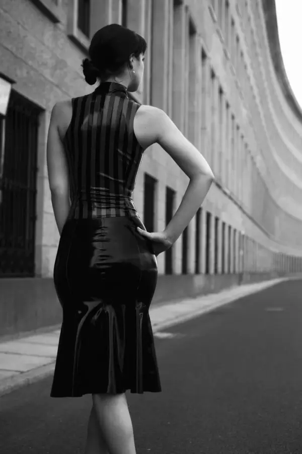 Seamless high waisted latex pull on skirt showing flared hem and smooth waistline