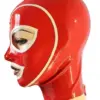 Close up of V-shape forehead trim on red latex fetish hood