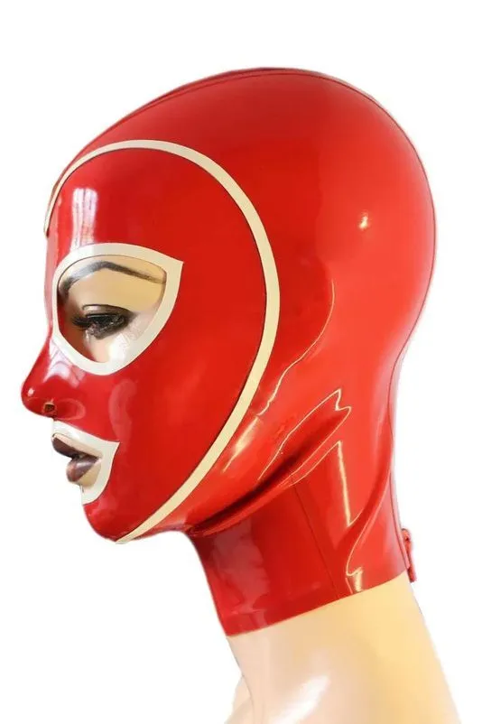 Close up of V-shape forehead trim on red latex fetish hood