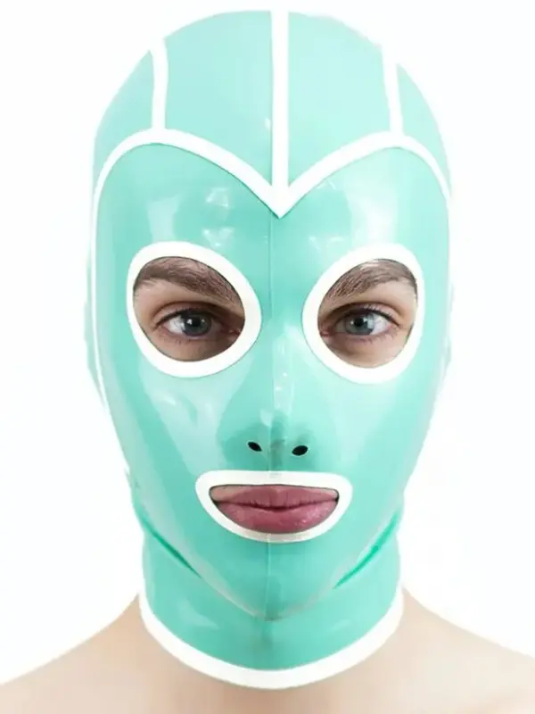 Mint Green Latex Hood with white trim and round eye cutouts front view