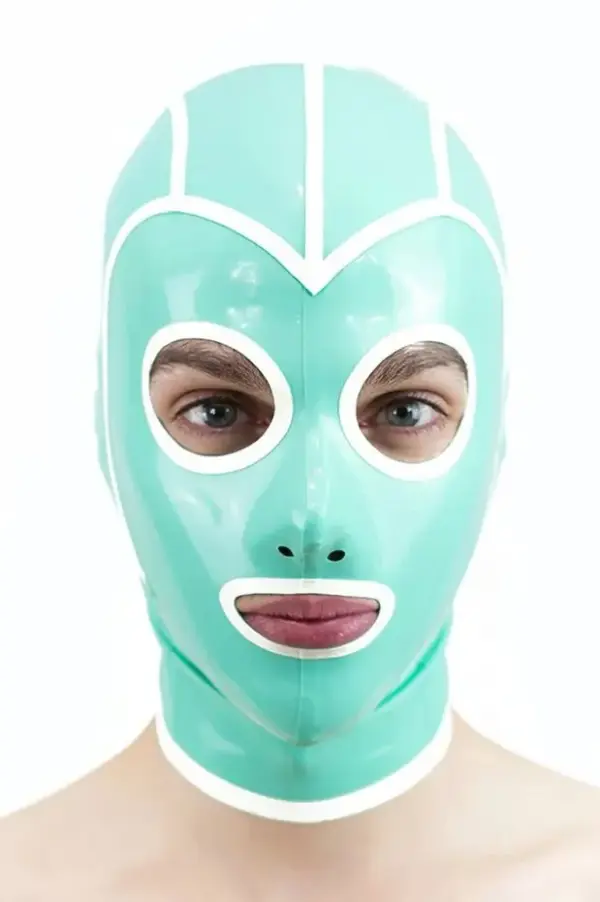 Mint Green Latex Hood with white trim and round eye cutouts front view