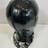 Rear view of black latex hood with zipper and integrated collar