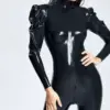 Sculpted Puff Sleeve Latex Catsuit – Triple Zip Design