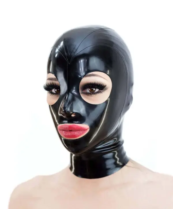 Classic Black Latex Hood with round eyes and mouth front view