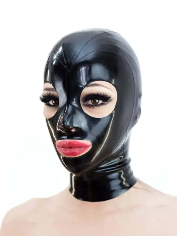 Classic Black Latex Hood with round eyes and mouth front view