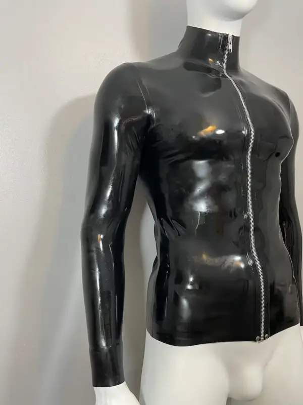 Men's High-Neck Latex Zip-Up Shirt - Long Sleeve