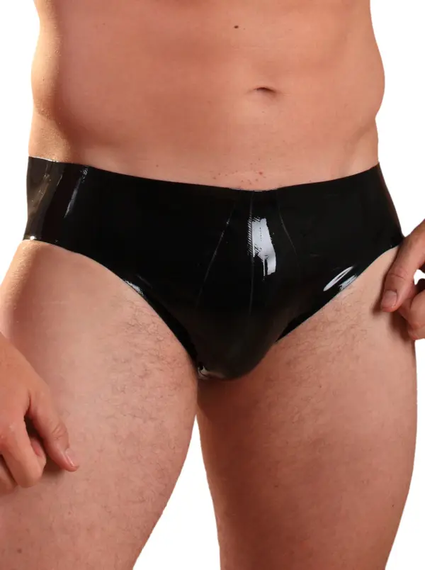 Men's Latex Panel Briefs black rubber underwear with contoured pouch