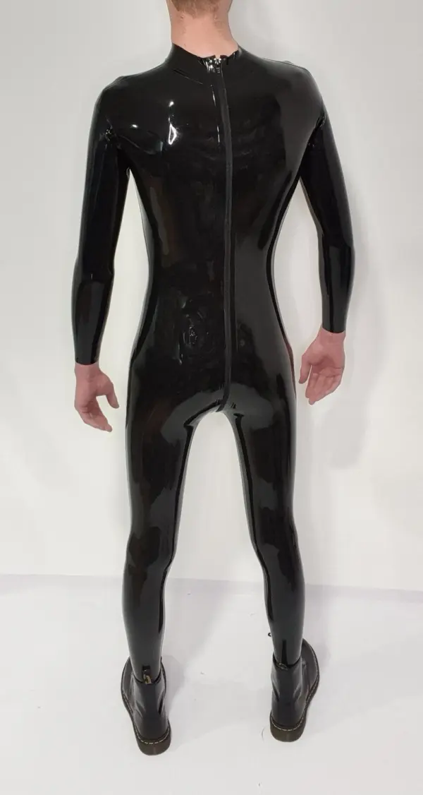 Black rubber bodysuit for men with back zipper access
