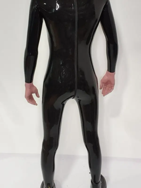 Black rubber bodysuit for men with back zipper access