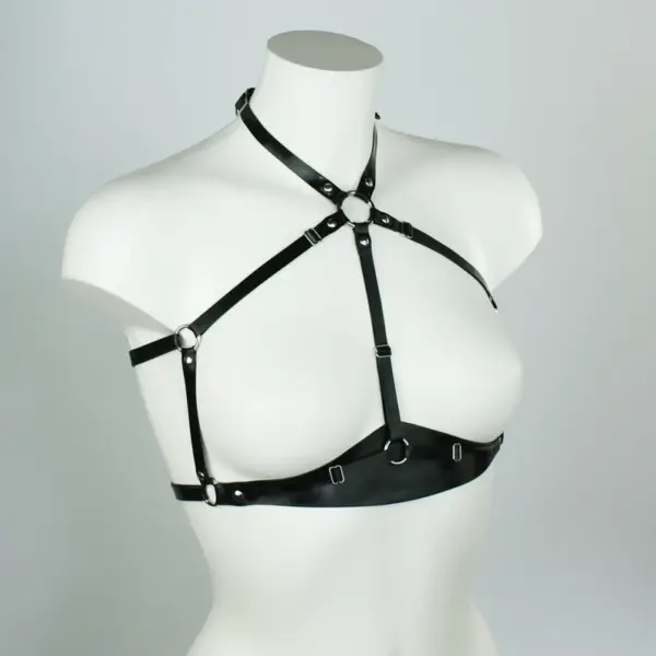 Slim latex straps with nickel hardware close up