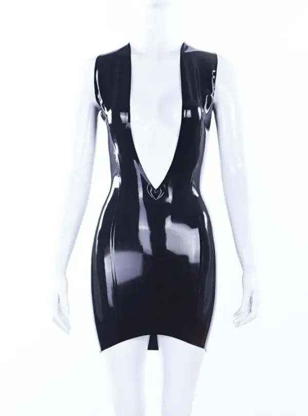 Deep V-Cut Latex Mini Dress with Rear Zipper