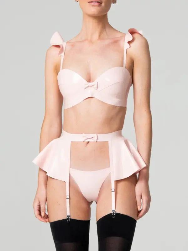 Latex Flowers Pink Lingerie Set with Frill Bra and Peplum Suspender Belt