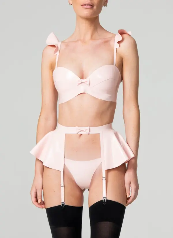 Latex Flowers Pink Lingerie Set with Frill Bra and Peplum Suspender Belt
