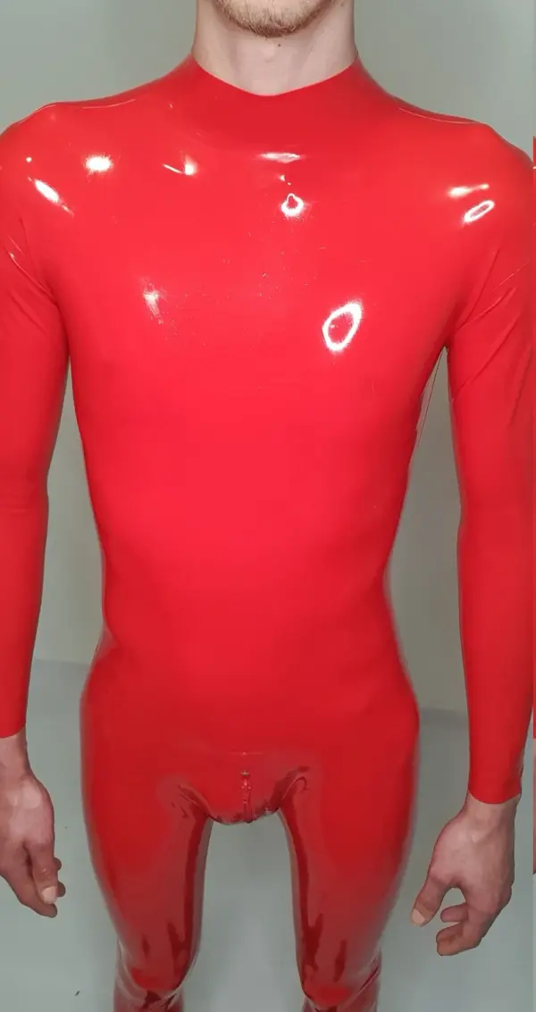 Red Latex Catsuit for men with 3D contour pouch front view