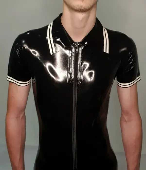 Men's Short Sleeve Latex Catsuit with triple zip and white trim