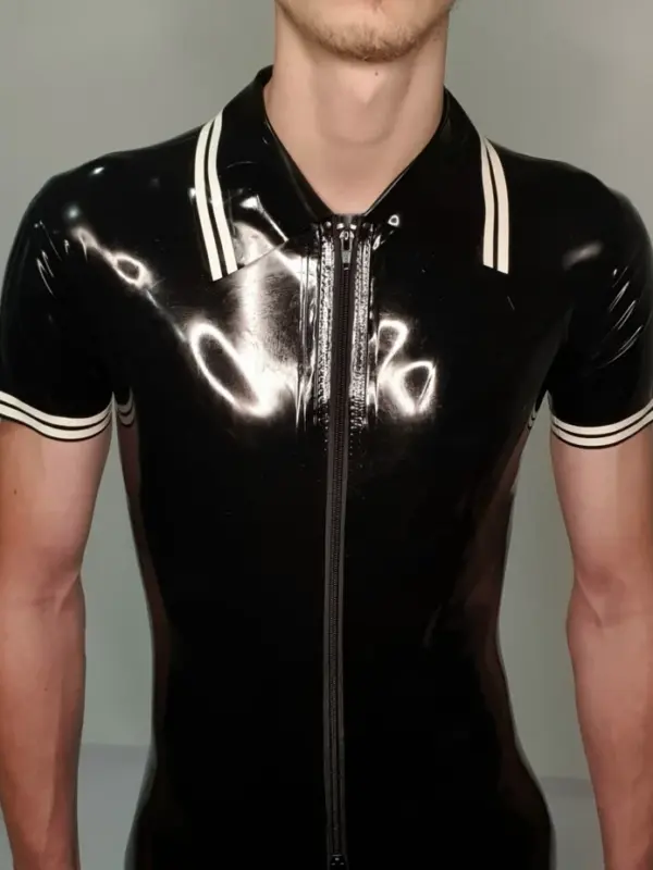 Men's Short Sleeve Latex Catsuit with triple zip and white trim