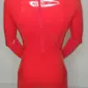 High neck red rubber bodysuit showing reinforced seams