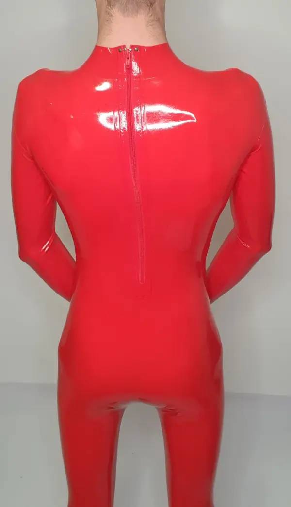 High neck red rubber bodysuit showing reinforced seams
