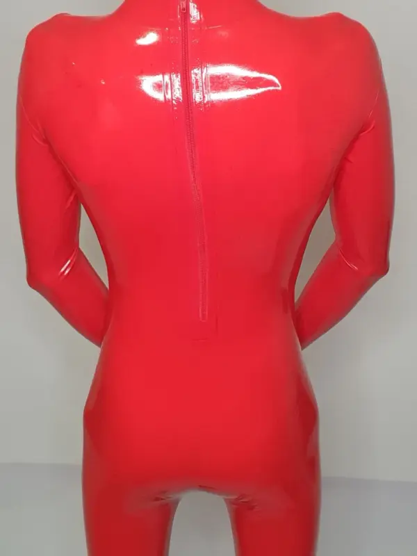 High neck red rubber bodysuit showing reinforced seams