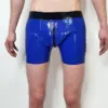 Men's Latex Boxer Shorts in blue with front to rear crotch zipper