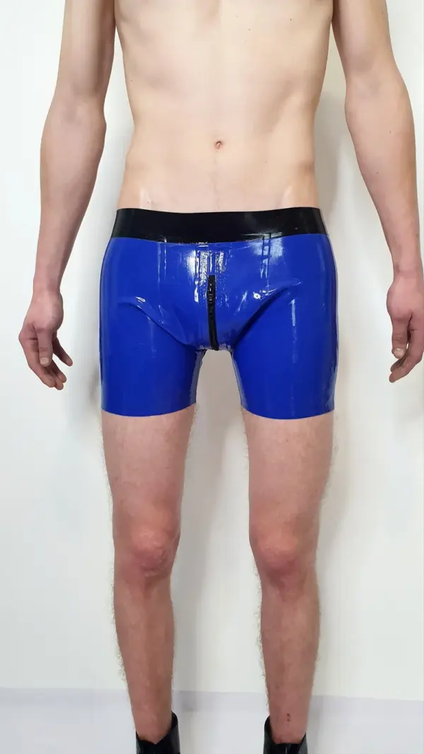 Men's Latex Boxer Shorts in blue with front to rear crotch zipper