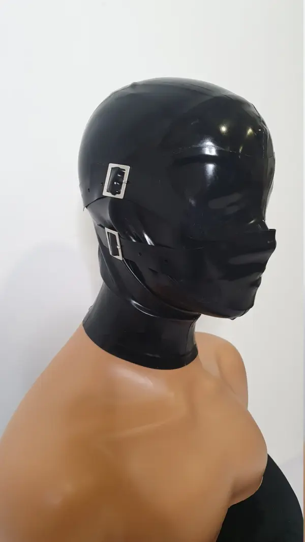 Latex Slave Hood with Removable Covers and buckle detail side view