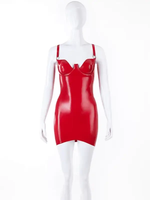 Casandra Red Latex Mini Dress with Underwired Cups and O-Ring Straps