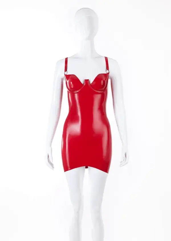 Vibrant red latex mini dress with underwired cups and O-ring straps front view