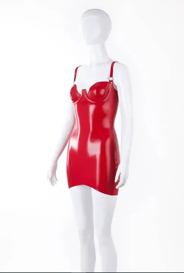 Red Latex Mini Dress - Underwired Cups & O-Rings