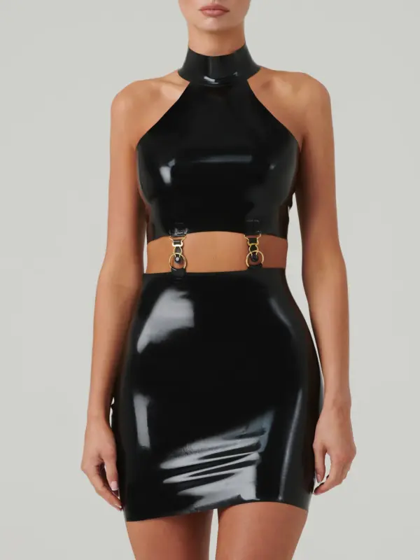 High Neck Latex Dress with Waist Cutouts and Gold Hardware front view