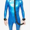 Metallic Blue Latex Catsuit bondage ready with D-rings and gas mask