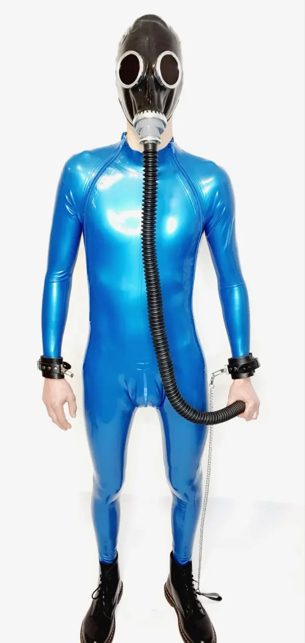 Metallic Blue Latex Catsuit bondage ready with D-rings and gas mask