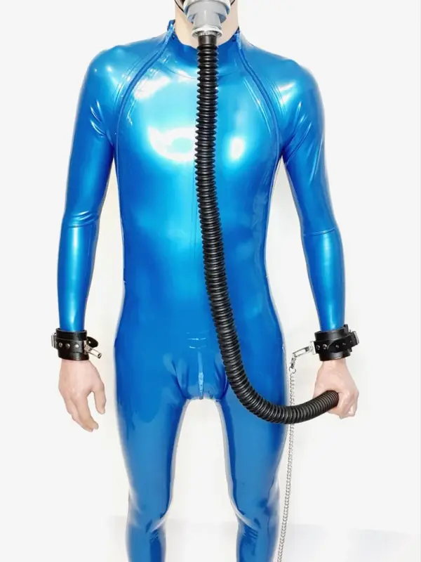 Metallic Blue Latex Catsuit bondage ready with D-rings and gas mask