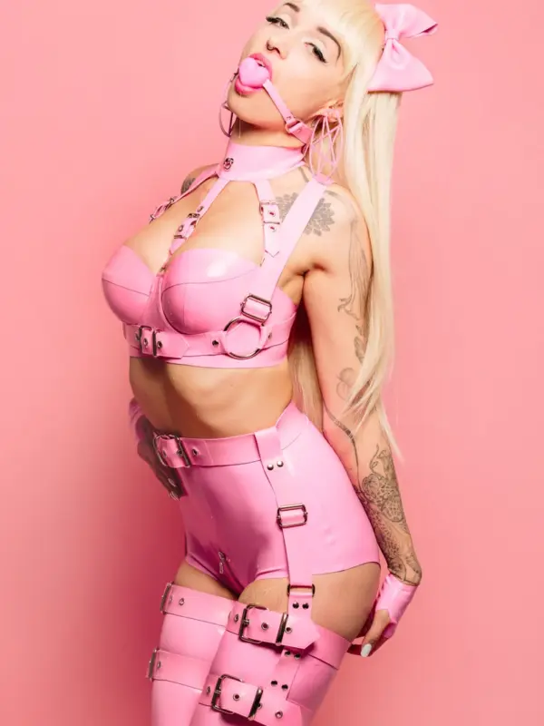 Pink Latex Bondage Harness Set with double layer waist and thigh straps