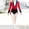 Red latex tailcoat jacket with black collar and cuffs front view