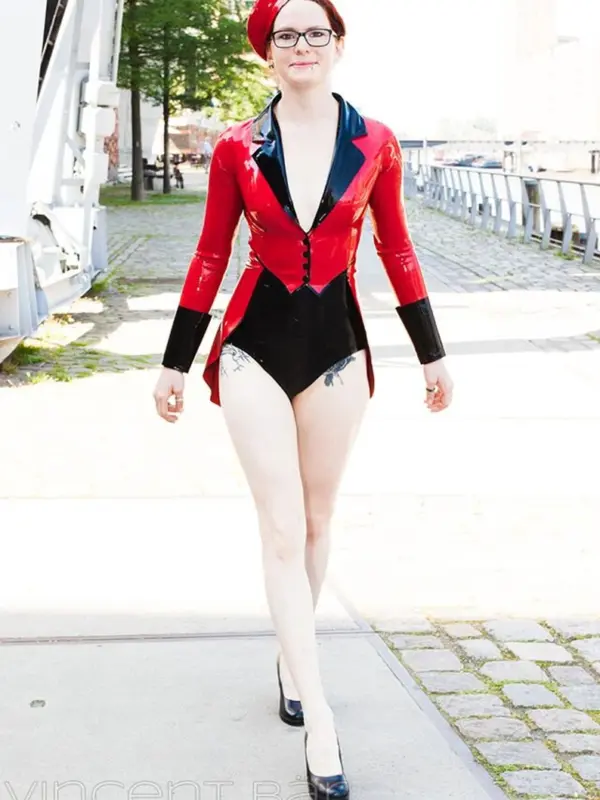 Red latex tailcoat jacket with black collar and cuffs front view