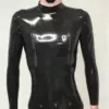 Men's Latex Catsuit with dual chest zippers and snap crotch panel worn with gas mask