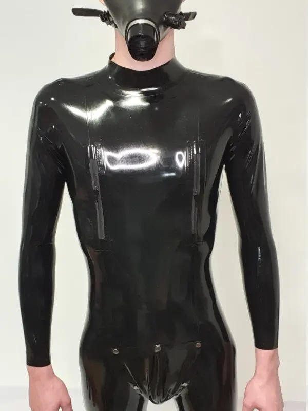 Men's Latex Catsuit with dual chest zippers and snap crotch panel worn with gas mask