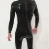 Black rubber bodysuit featuring back zipper and reinforced seams
