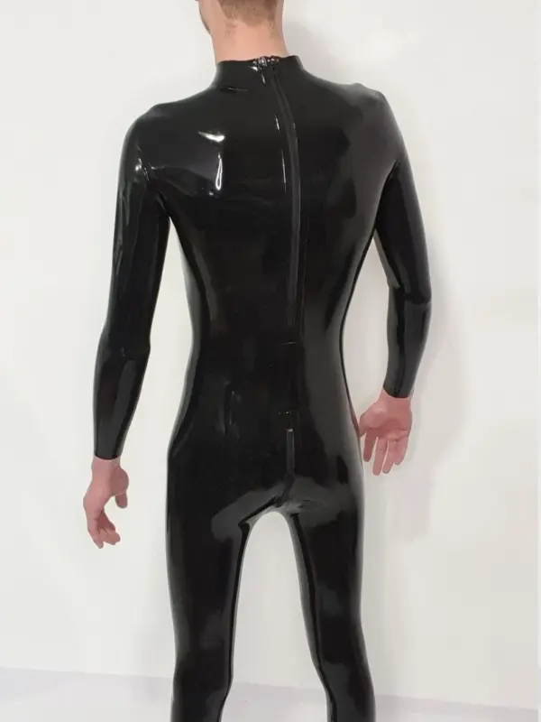 Black rubber bodysuit featuring back zipper and reinforced seams