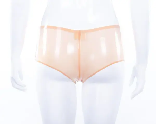 Semi-Transparent Latex Shorts in glossy flesh tone with cheeky cut front view