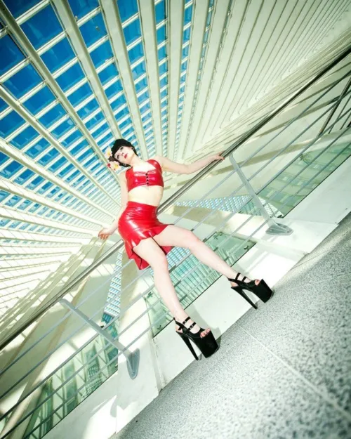 Pearlsheen Red Latex Fishtail Skirt - Ruffled Hem