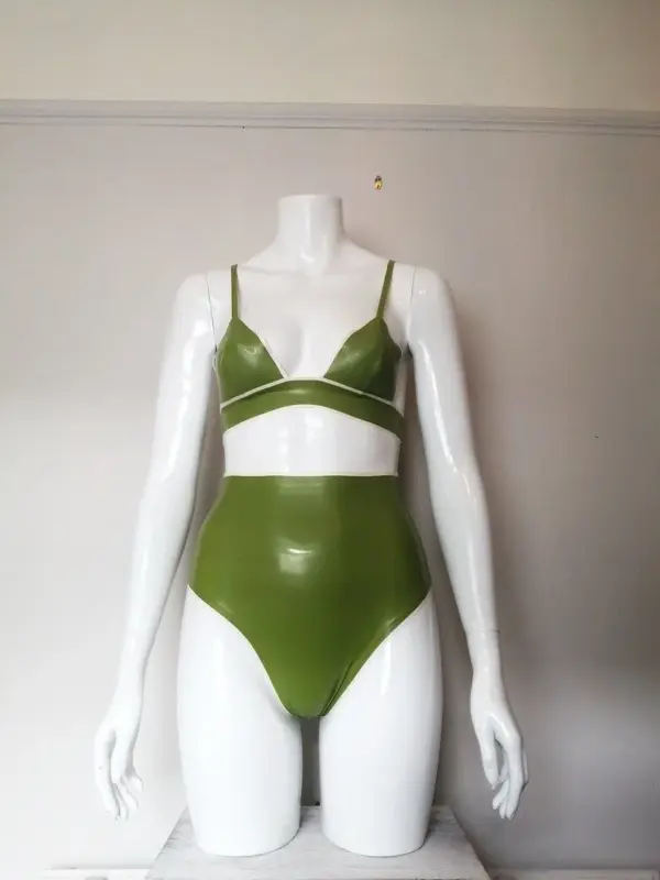 Natural Green Latex Triangle Bra and High-Waist Thong Set – Two Piece Custom Made