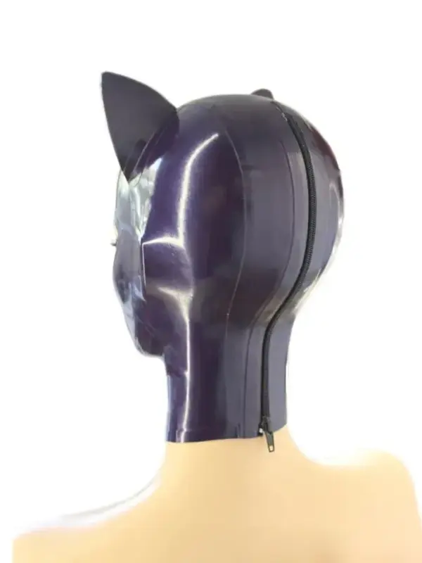 Close up of 3D cat ears on purple latex fetish hood