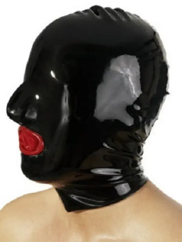 Black Latex Hood with Inflatable Mouth Plug and blindfold front view