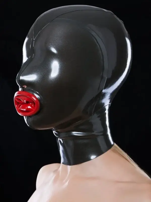 Black Latex Hood with Red Inflatable Gag and blindfold front view