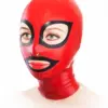 Red Latex Hood with black trim and cat eye cutouts front view