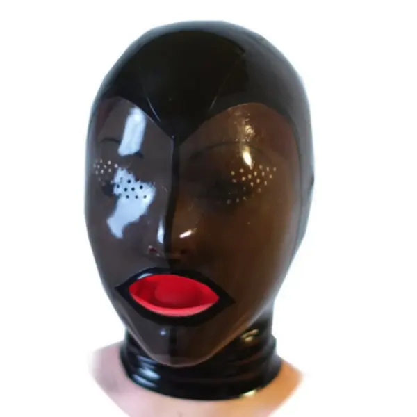 Smoke Transparent Latex Hood with red tongue gag and perforated eyes front view